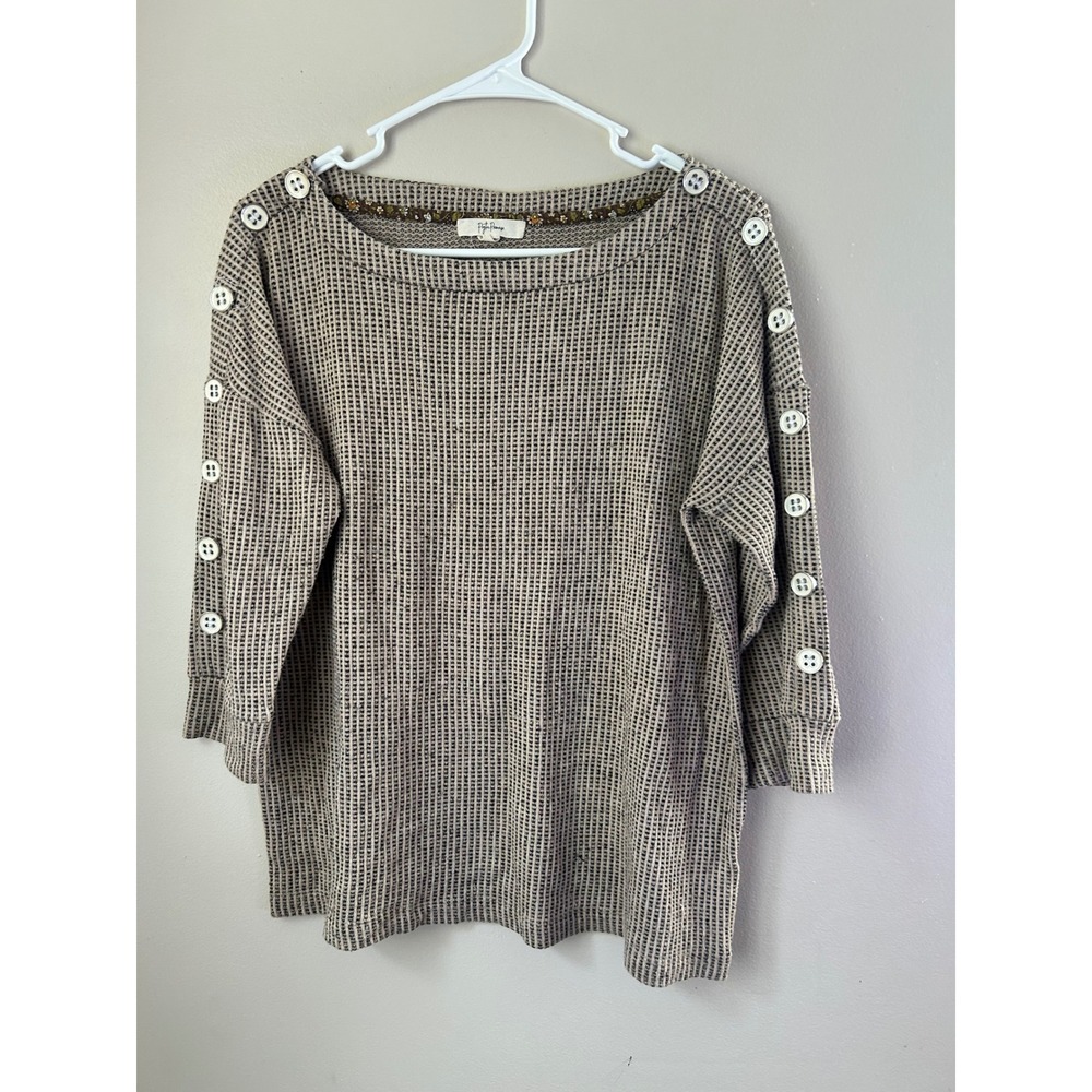 Peyton Primrose Waffle Knit Top Button Detail 3/4 Sleeve Tan Black M Casual Cozy